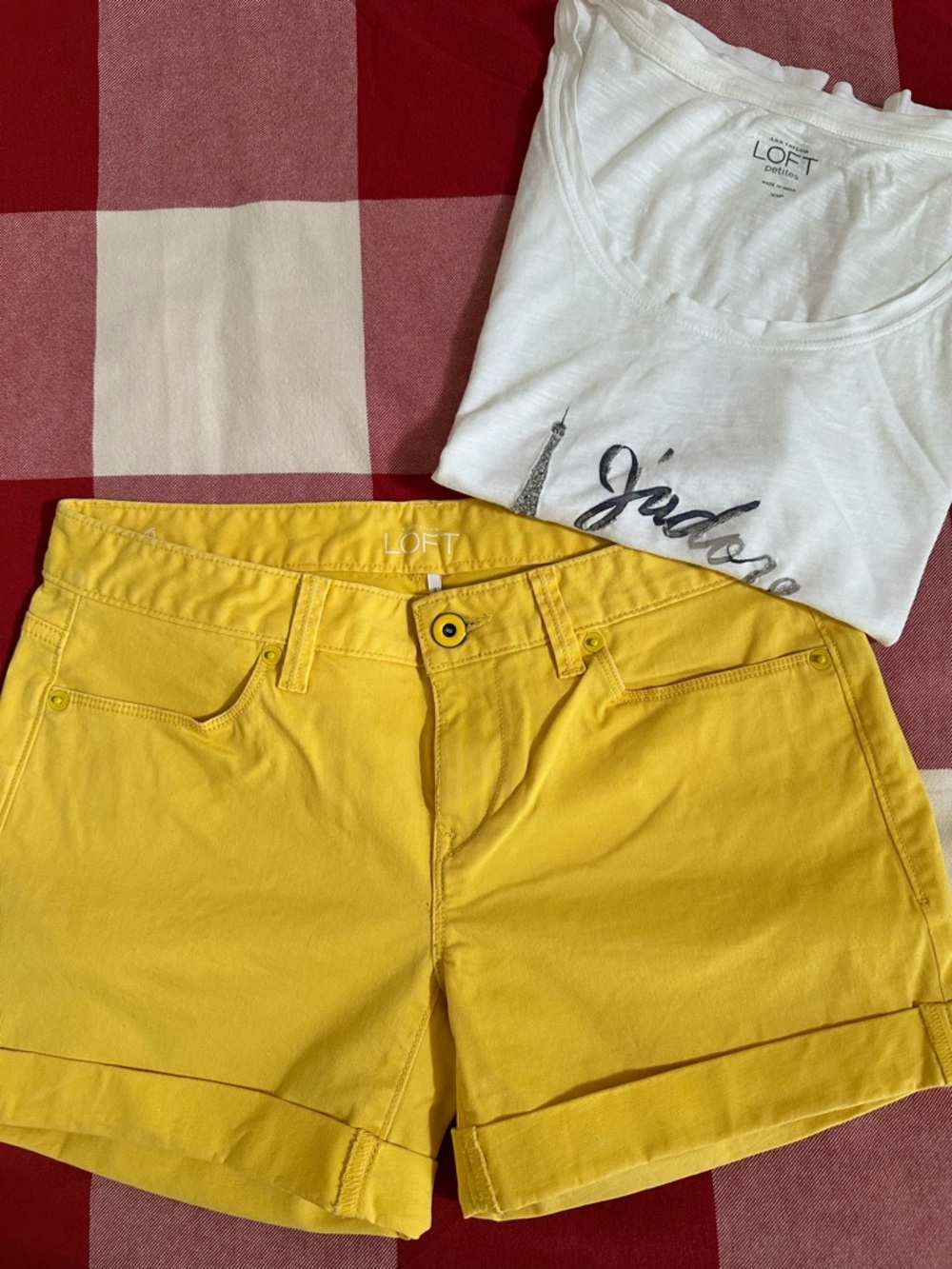 BUNDLED🌸LOFT Bright Yellow Cuffed Cotton Shorts size0; white muscle tee size XSP